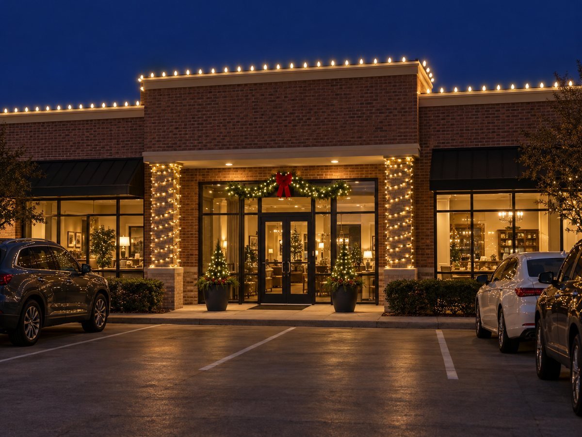 Brick storefront with warm white roofline lights, wrapped entry columns and garland over the door at night