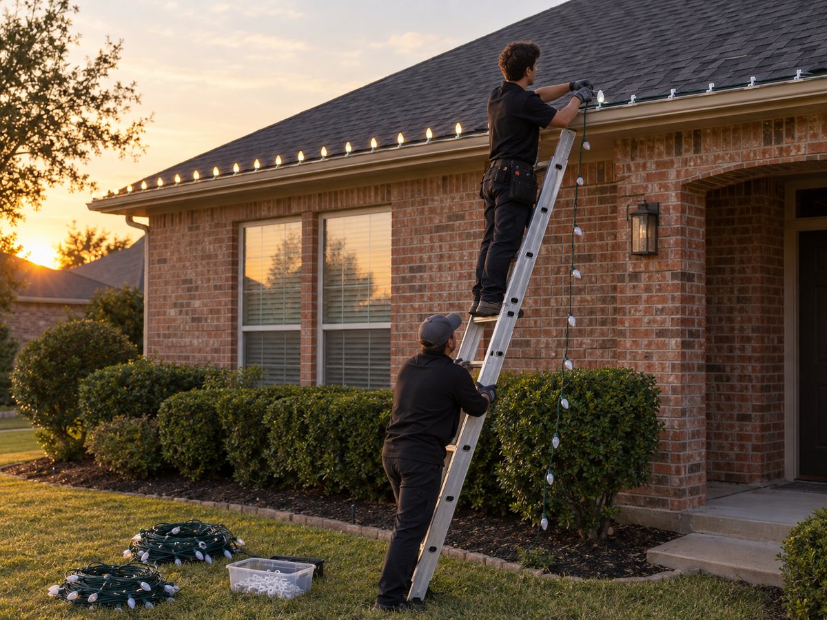 Installer on a ladder clipping C9 bulbs along the roofline of a brick home at golden hour