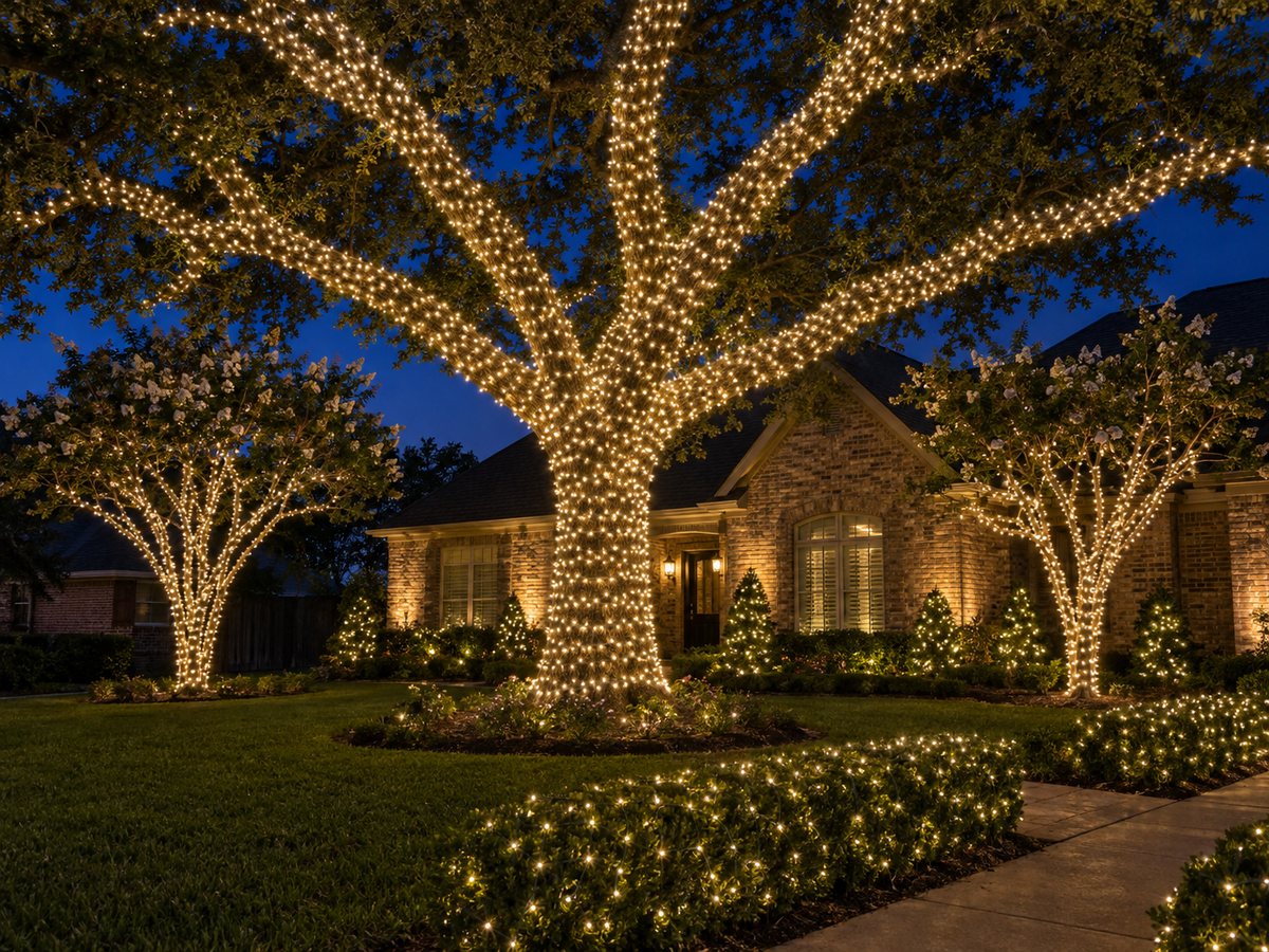 Live oak with trunk and branches wrapped in warm white mini lights, with lit hedges in front of a brick house